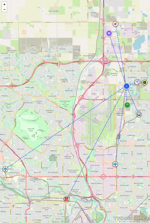 Daily accessibility map for 201 CITYSCAPE GD NE, Calgary showing nearby schools, grocery stores, parks, LRT stations and nearby amenities