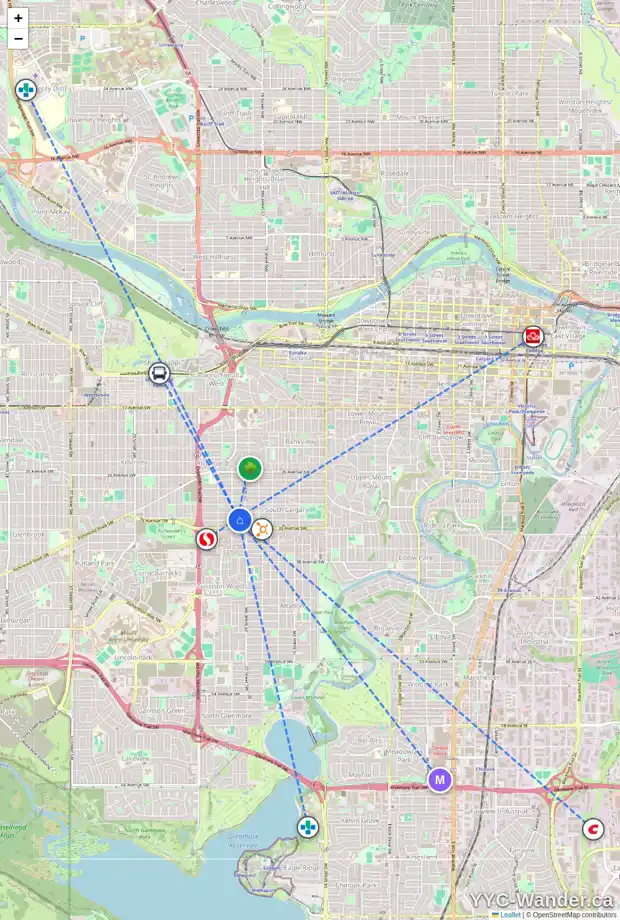 Daily accessibility map for 2124 32 AV SW, Calgary showing nearby schools, grocery stores, parks, LRT stations and nearby amenities