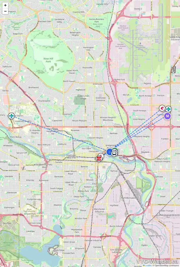 Daily accessibility map for 103 28 MCDOUGALL CO NE, Calgary showing nearby schools, grocery stores, parks, LRT stations and nearby amenities
