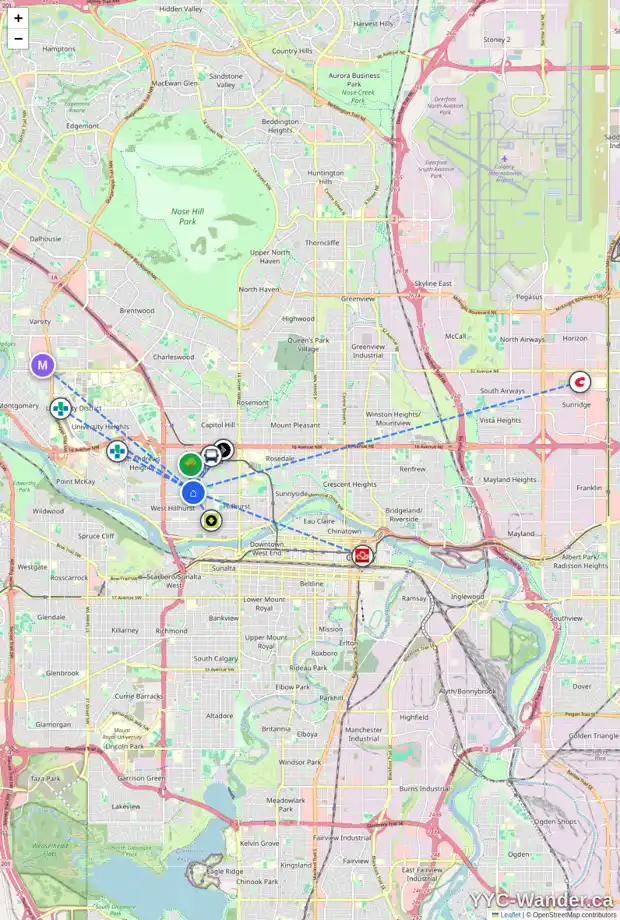 Daily accessibility map for 2124 6 AV NW, Calgary showing nearby schools, grocery stores, parks, LRT stations and nearby amenities