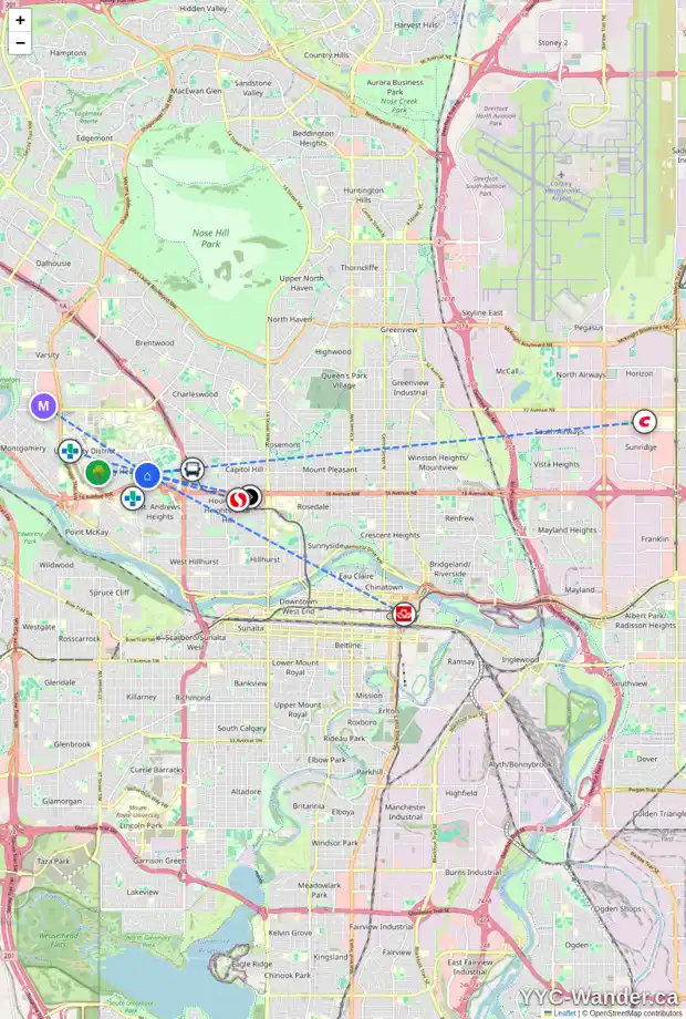 Daily accessibility map for 2009 URQUHART RD NW, Calgary showing nearby schools, grocery stores, parks, LRT stations and nearby amenities