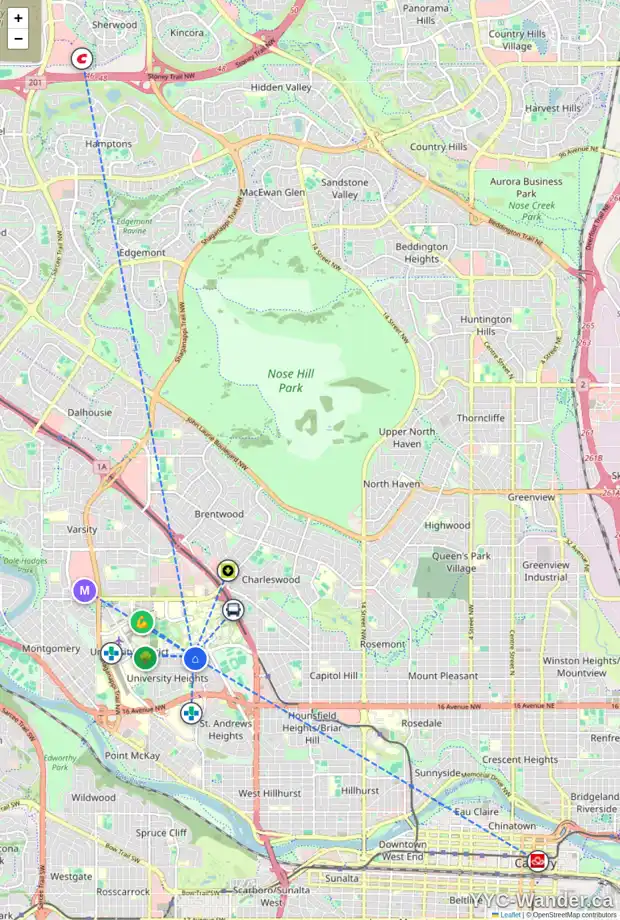 Daily accessibility map for 2423 UDELL RD NW, Calgary showing nearby schools, grocery stores, parks, LRT stations and nearby amenities