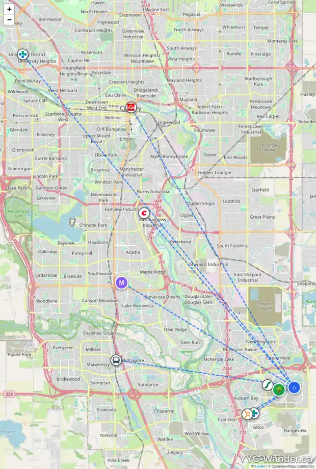 Daily accessibility map for 163 MASTERS AV SE, Calgary showing nearby schools, grocery stores, parks, LRT stations and nearby amenities