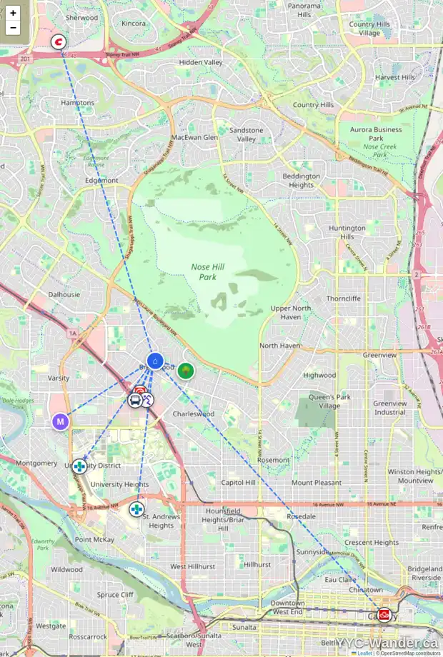 Daily accessibility map for 4620 BRISEBOIS DR NW, Calgary showing nearby schools, grocery stores, parks, LRT stations and nearby amenities