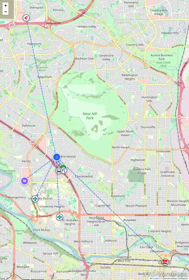 Daily accessibility map for 68 BROWN CR NW, Calgary showing nearby schools, grocery stores, parks, LRT stations and nearby amenities