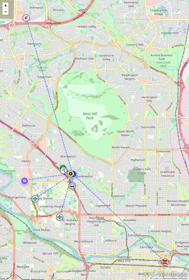 Daily accessibility map for 2704 BRENTWOOD BV NW, Calgary showing nearby schools, grocery stores, parks, LRT stations and nearby amenities