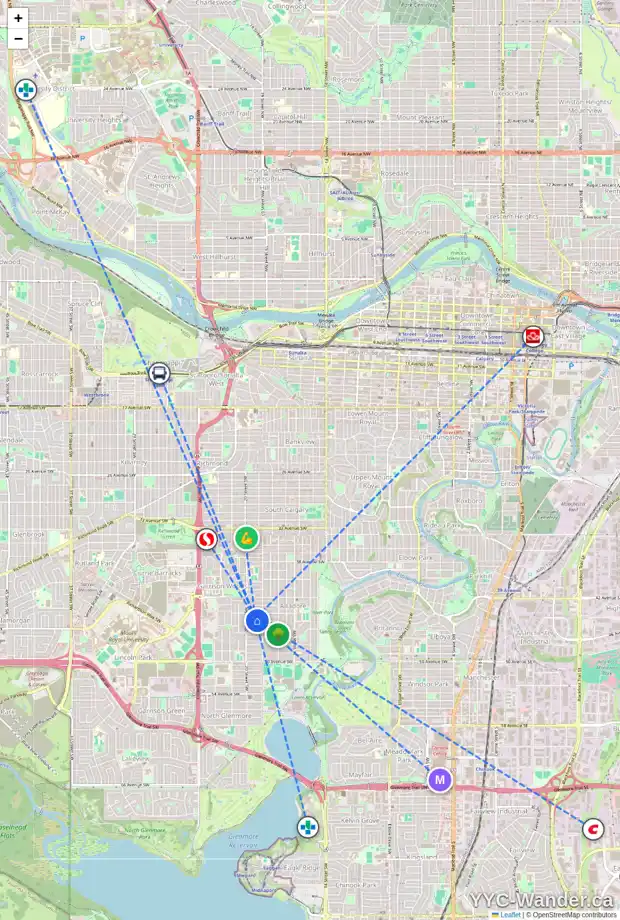 Daily accessibility map for 2020 45 AV SW, Calgary showing nearby schools, grocery stores, parks, LRT stations and nearby amenities