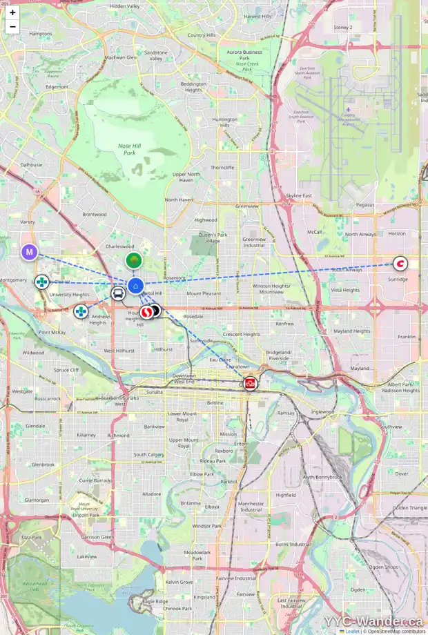 Daily accessibility map for 2106 23 AV NW, Calgary showing nearby schools, grocery stores, parks, LRT stations and nearby amenities