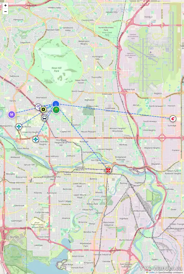 Daily accessibility map for 20 CHEYENNE CR NW, Calgary showing nearby schools, grocery stores, parks, LRT stations and nearby amenities