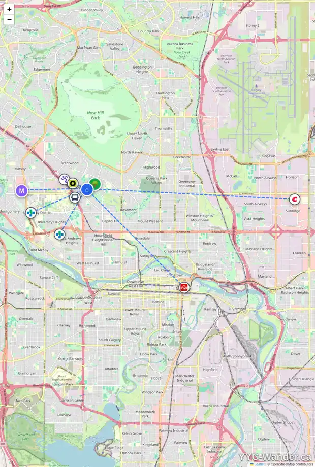 Daily accessibility map for 2423 34 AV NW, Calgary showing nearby schools, grocery stores, parks, LRT stations and nearby amenities