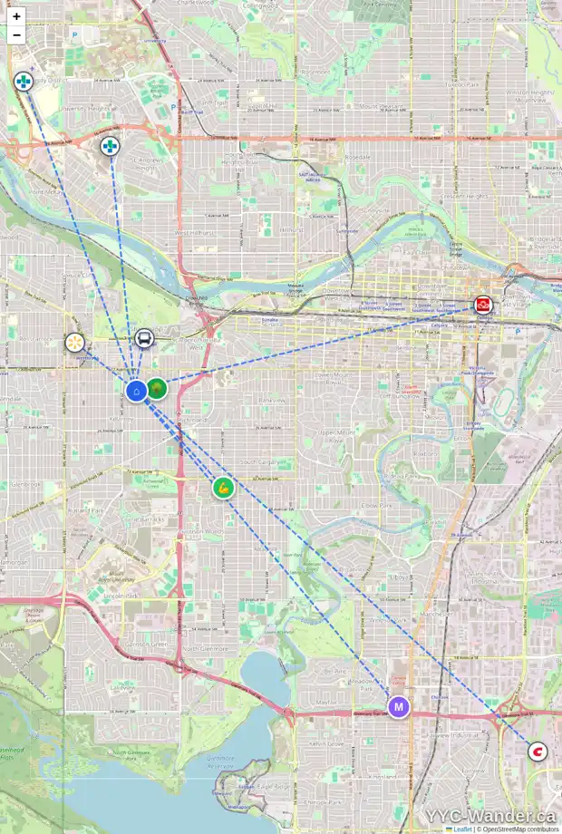 Daily accessibility map for 2027 27 ST SW, Calgary showing nearby schools, grocery stores, parks, LRT stations and nearby amenities