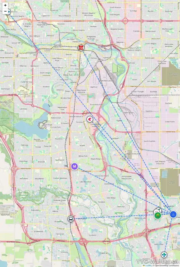 Daily accessibility map for 165 130 NEW BRIGHTON WY SE, Calgary showing nearby schools, grocery stores, parks, LRT stations and nearby amenities