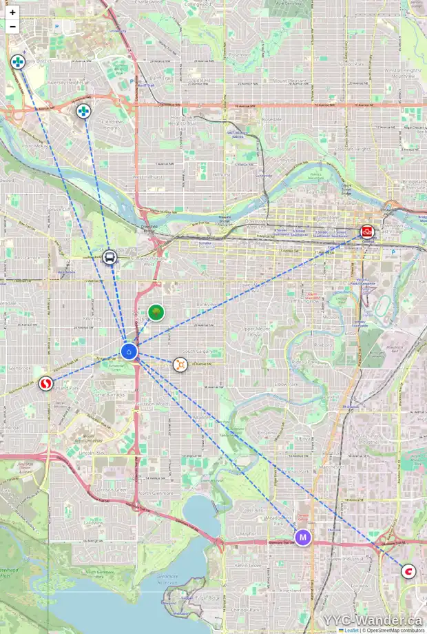 Daily accessibility map for 3212 25 ST SW, Calgary showing nearby schools, grocery stores, parks, LRT stations and nearby amenities