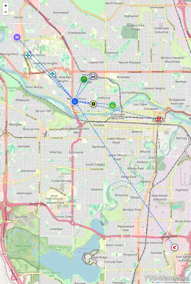 Daily accessibility map for 2 2421 2 AV NW, Calgary showing nearby schools, grocery stores, parks, LRT stations and nearby amenities