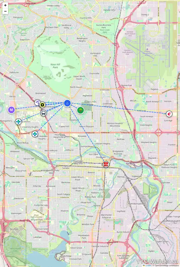 Daily accessibility map for 63 CROMWELL AV NW, Calgary showing nearby schools, grocery stores, parks, LRT stations and nearby amenities