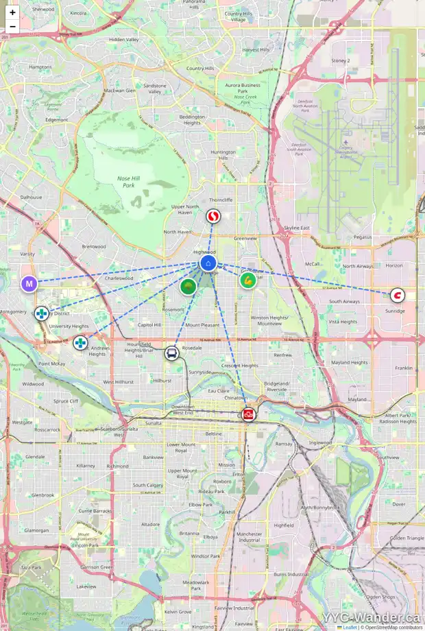 Daily accessibility map for 87 HENDON DR NW, Calgary showing nearby schools, grocery stores, parks, LRT stations and nearby amenities