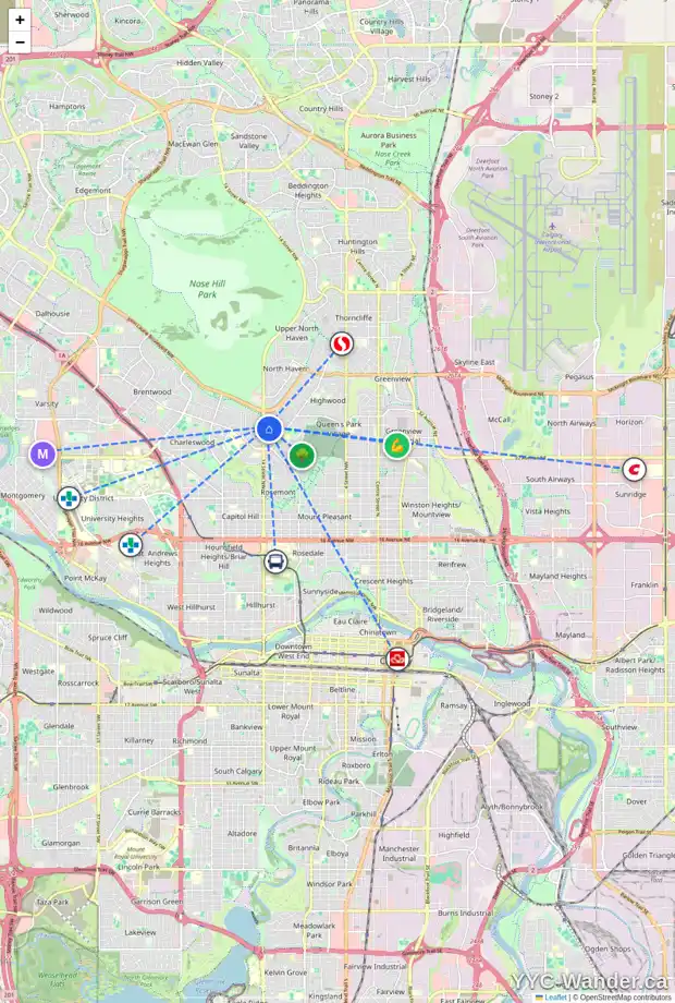 Daily accessibility map for 87 CONNAUGHT DR NW, Calgary showing nearby schools, grocery stores, parks, LRT stations and nearby amenities