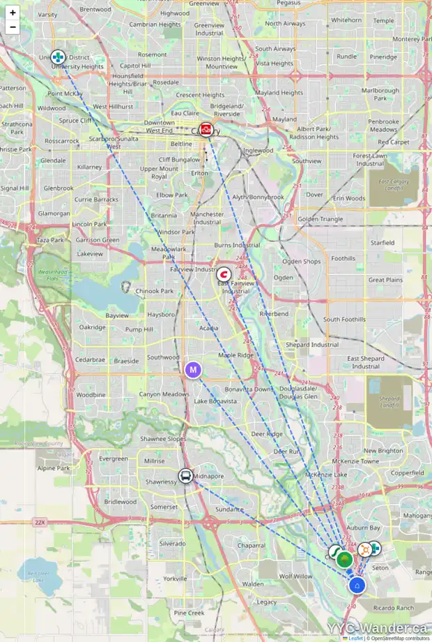 Daily accessibility map for 258 CRANFORD PA SE, Calgary showing nearby schools, grocery stores, parks, LRT stations and nearby amenities