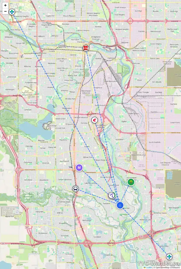 Daily accessibility map for 14508 DEER RIDGE DR SE, Calgary showing nearby schools, grocery stores, parks, LRT stations and nearby amenities