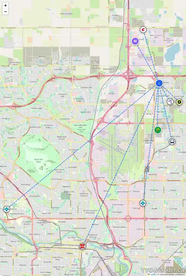 Daily accessibility map for 49 REDSTONE CI NE, Calgary showing nearby schools, grocery stores, parks, LRT stations and nearby amenities