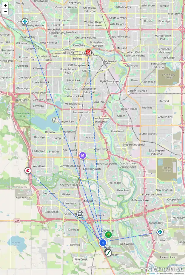 Daily accessibility map for 52 WALDEN WK SE, Calgary showing nearby schools, grocery stores, parks, LRT stations and nearby amenities