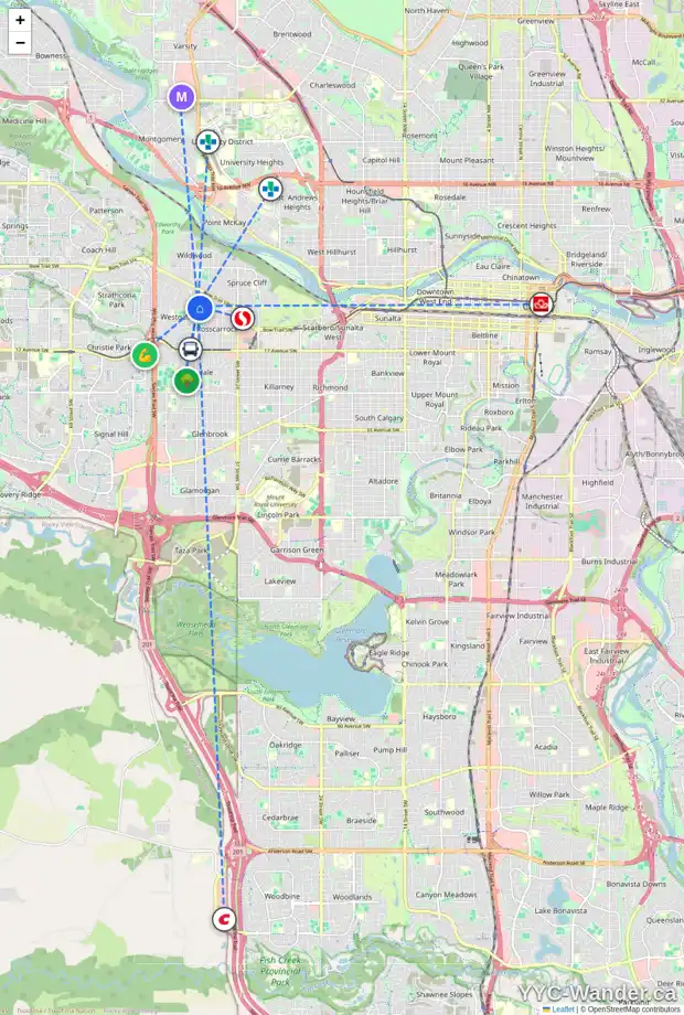 Daily accessibility map for 59 ROSSDALE RD SW, Calgary showing nearby schools, grocery stores, parks, LRT stations and nearby amenities