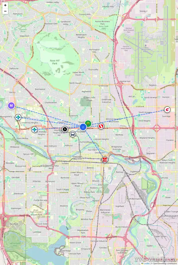Daily accessibility map for 834 17 AV NW, Calgary showing nearby schools, grocery stores, parks, LRT stations and nearby amenities