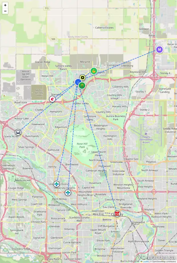 Daily accessibility map for 1409 EVANSTON SQ NW, Calgary showing nearby schools, grocery stores, parks, LRT stations and nearby amenities
