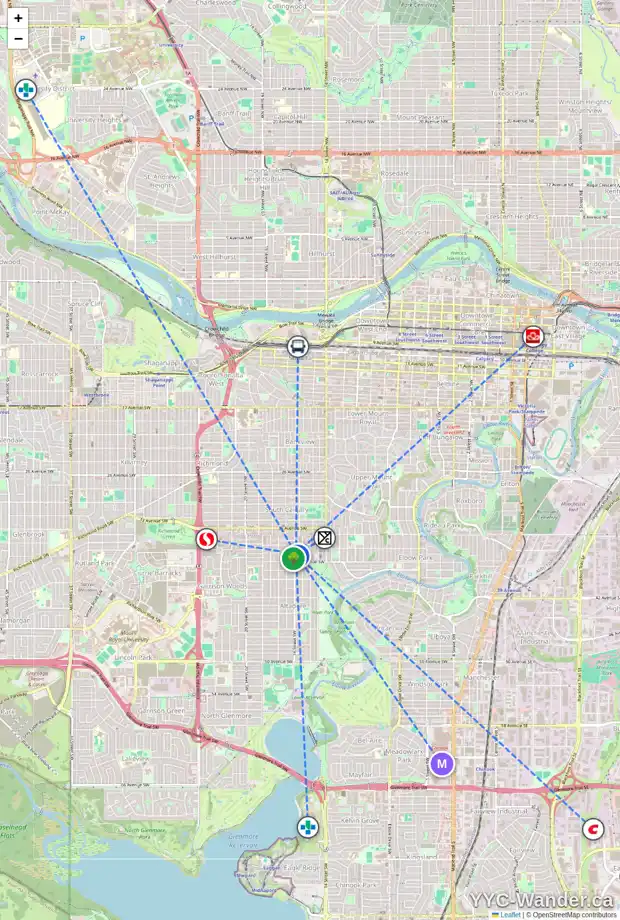 Daily accessibility map for 1689 37 AV SW, Calgary showing nearby schools, grocery stores, parks, LRT stations and nearby amenities