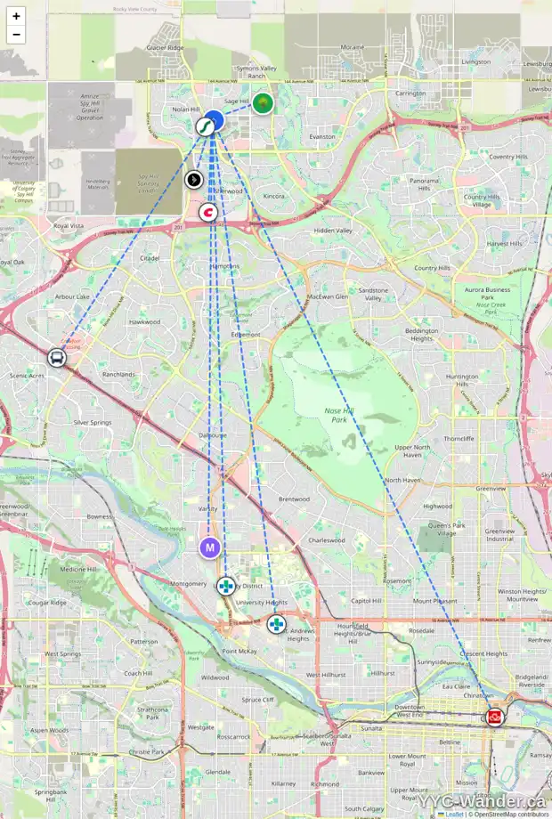 Daily accessibility map for 202 881 SAGE VALLEY BV NW, Calgary showing nearby schools, grocery stores, parks, LRT stations and nearby amenities
