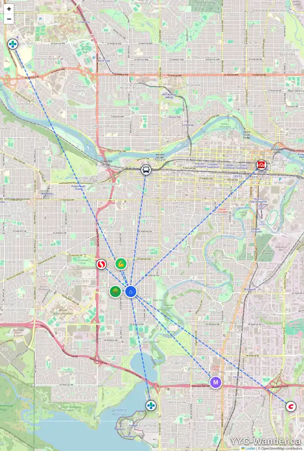 Daily accessibility map for 4216 19 ST SW, Calgary showing nearby schools, grocery stores, parks, LRT stations and nearby amenities