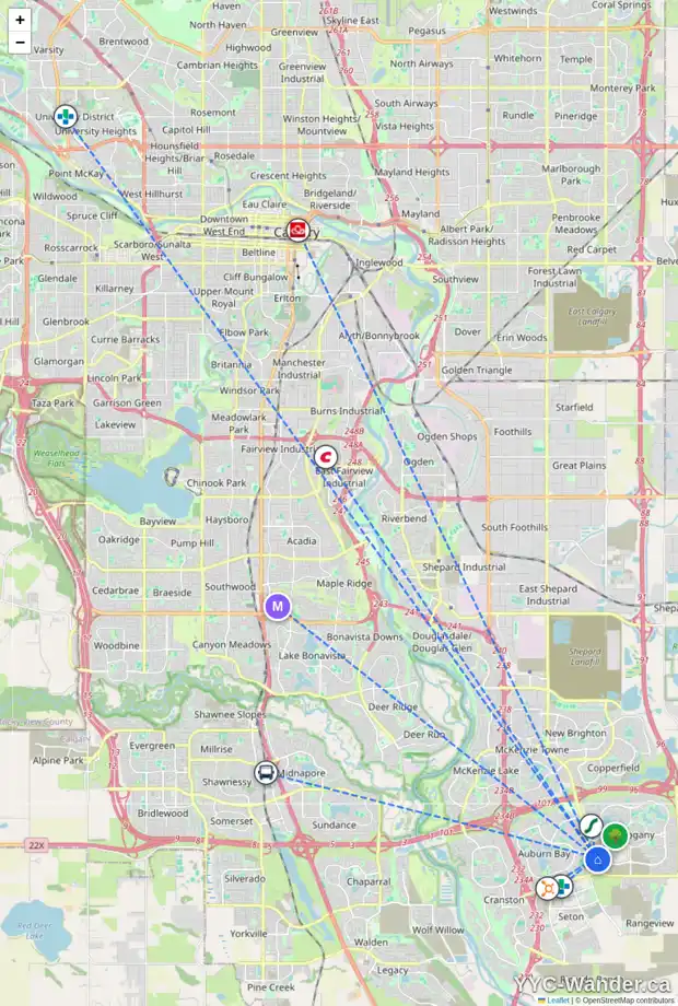 Daily accessibility map for 18 MAHOGANY CL SE, Calgary showing nearby schools, grocery stores, parks, LRT stations and nearby amenities