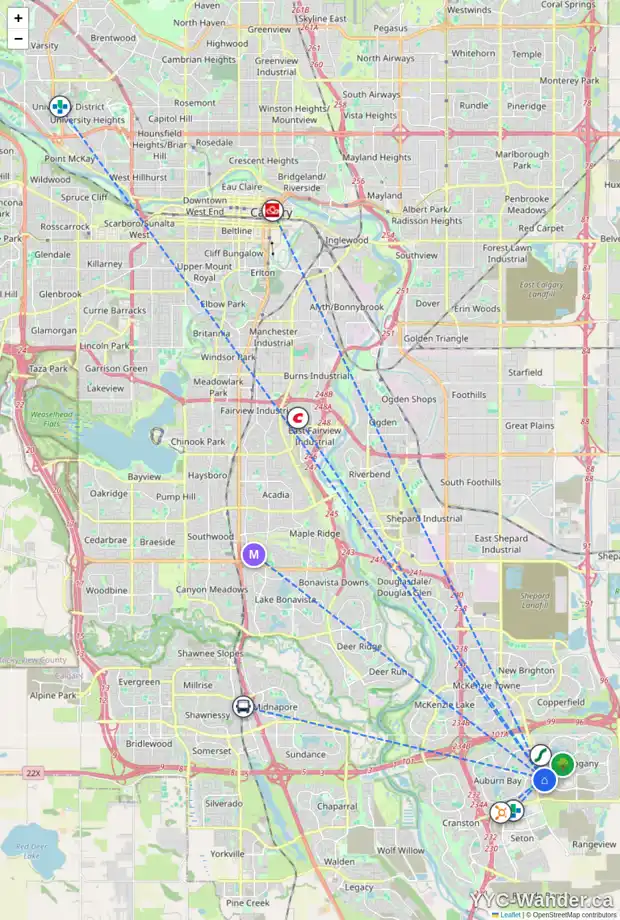 Daily accessibility map for 86 MAHOGANY DR SE, Calgary showing nearby schools, grocery stores, parks, LRT stations and nearby amenities