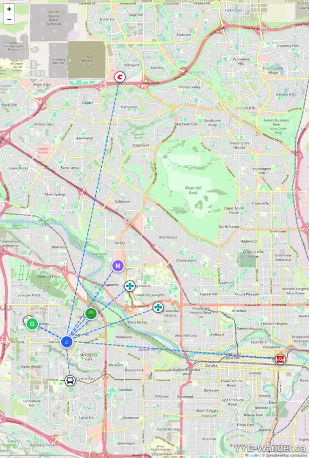 Daily accessibility map for 50 COACH RIDGE PT SW, Calgary showing nearby schools, grocery stores, parks, LRT stations and nearby amenities
