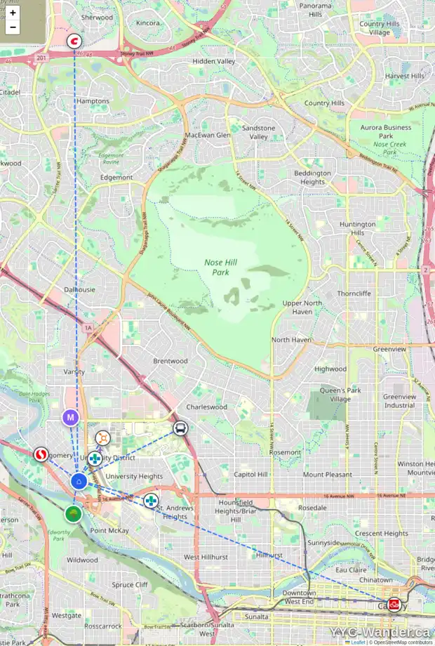 Daily accessibility map for 4408 19 AV NW, Calgary showing nearby schools, grocery stores, parks, LRT stations and nearby amenities