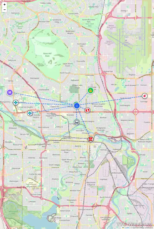 Daily accessibility map for 609 22 AV NW, Calgary showing nearby schools, grocery stores, parks, LRT stations and nearby amenities