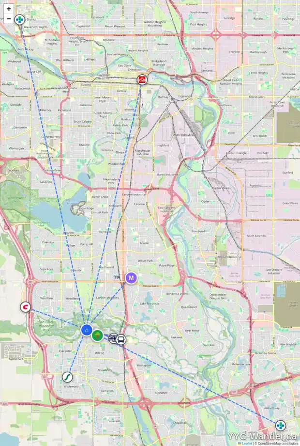 Daily accessibility map for 1574 EVERGREEN DR SW, Calgary showing nearby schools, grocery stores, parks, LRT stations and nearby amenities