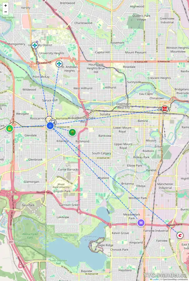 Daily accessibility map for 1707 35 ST SW, Calgary showing nearby schools, grocery stores, parks, LRT stations and nearby amenities