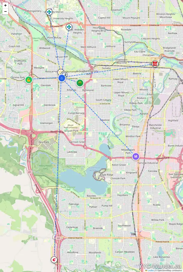 Daily accessibility map for 1715 35 ST SW, Calgary showing nearby schools, grocery stores, parks, LRT stations and nearby amenities