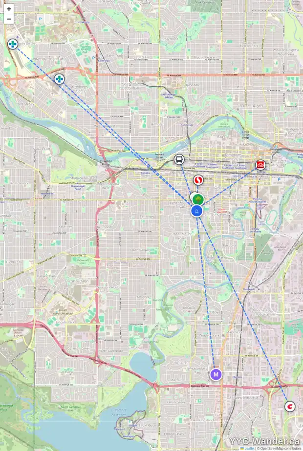 Daily accessibility map for 102 836 ROYAL AV SW, Calgary showing nearby schools, grocery stores, parks, LRT stations and nearby amenities