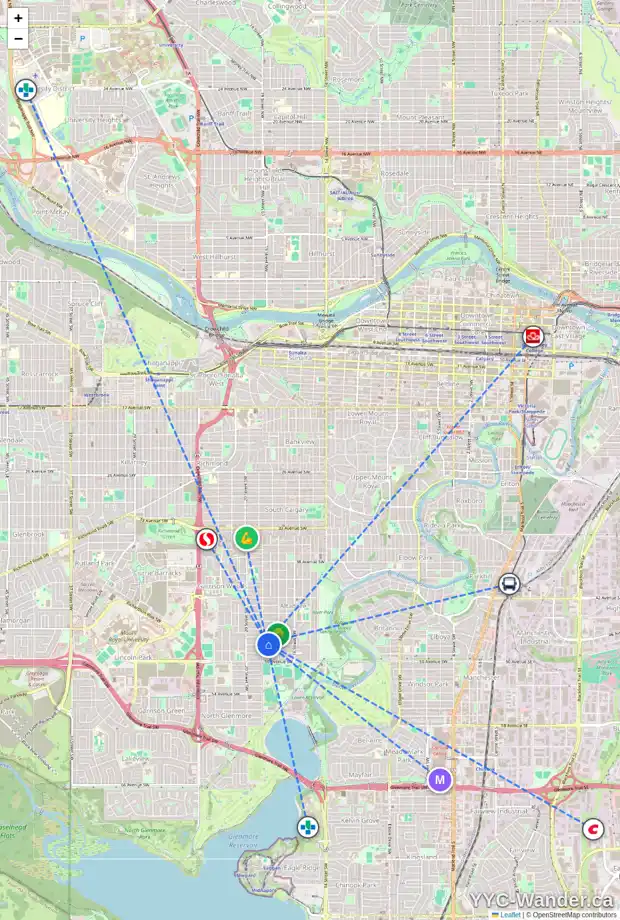 Daily accessibility map for 1938 48 AV SW, Calgary showing nearby schools, grocery stores, parks, LRT stations and nearby amenities