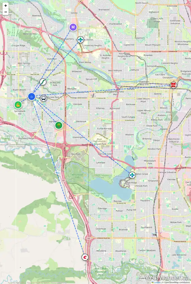 Daily accessibility map for 303 ASPEN RIDGE PL SW, Calgary showing nearby schools, grocery stores, parks, LRT stations and nearby amenities