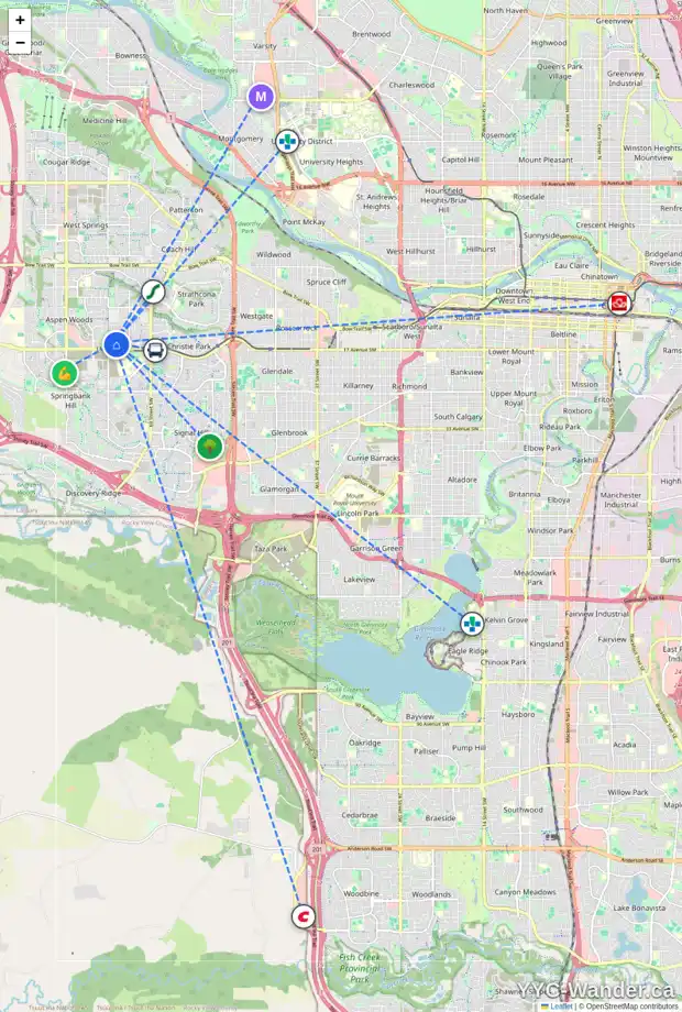 Daily accessibility map for 49 ASPEN RIDGE HT SW, Calgary showing nearby schools, grocery stores, parks, LRT stations and nearby amenities