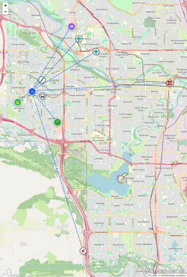 Daily accessibility map for 51 ASPEN RIDGE SQ SW, Calgary showing nearby schools, grocery stores, parks, LRT stations and nearby amenities