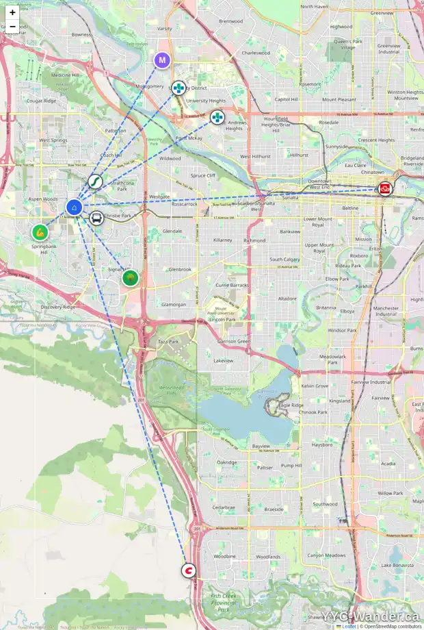 Daily accessibility map for 46 ASPEN RIDGE SQ SW, Calgary showing nearby schools, grocery stores, parks, LRT stations and nearby amenities