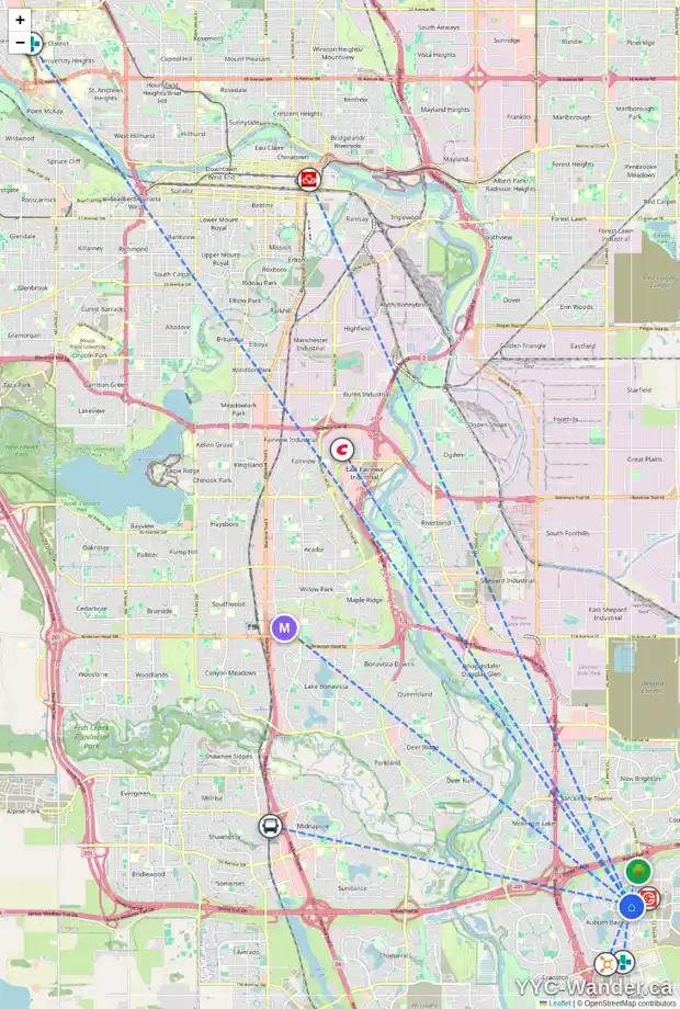 Daily accessibility map for 208 AUBURN MEADOWS CR SE, Calgary showing nearby schools, grocery stores, parks, LRT stations and nearby amenities