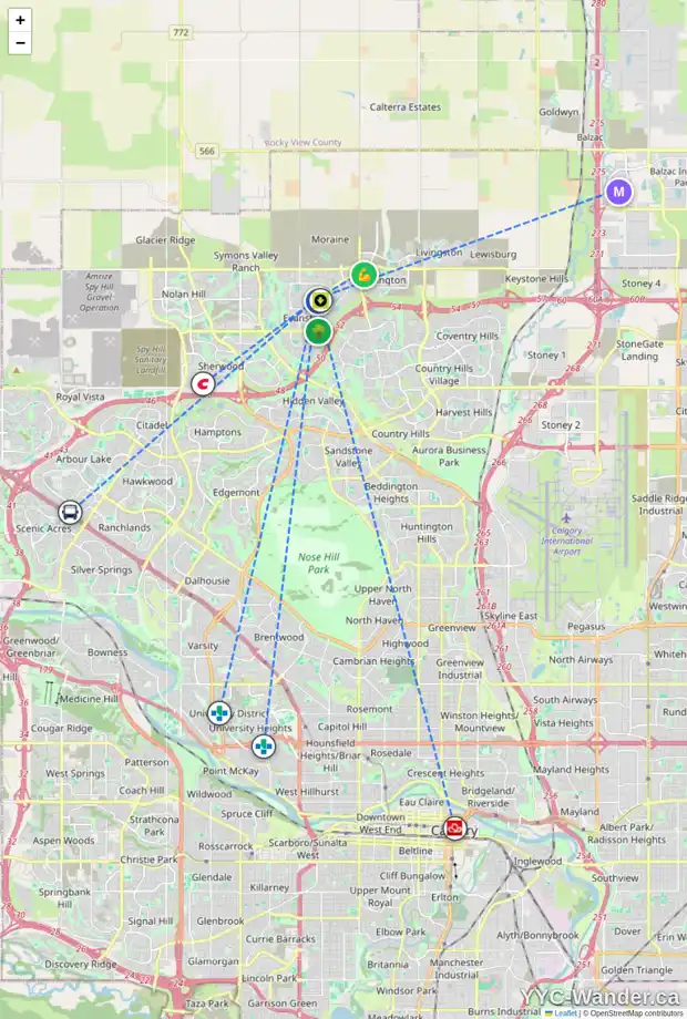 Daily accessibility map for 70 EVANSPARK MR NW, Calgary showing nearby schools, grocery stores, parks, LRT stations and nearby amenities