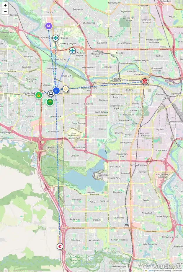 Daily accessibility map for 1430 43 ST SW, Calgary showing nearby schools, grocery stores, parks, LRT stations and nearby amenities