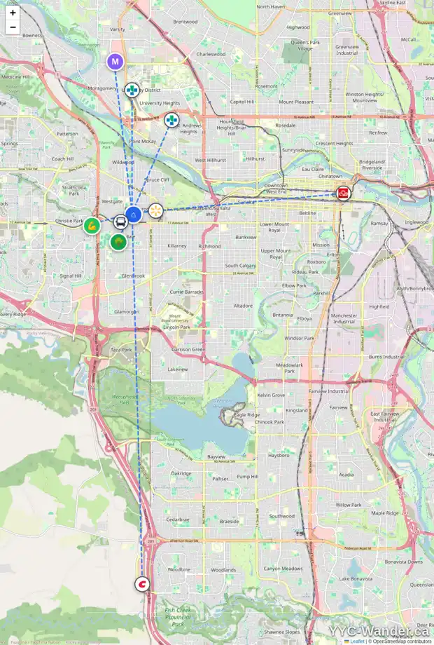 Daily accessibility map for 1428 43 ST SW, Calgary showing nearby schools, grocery stores, parks, LRT stations and nearby amenities