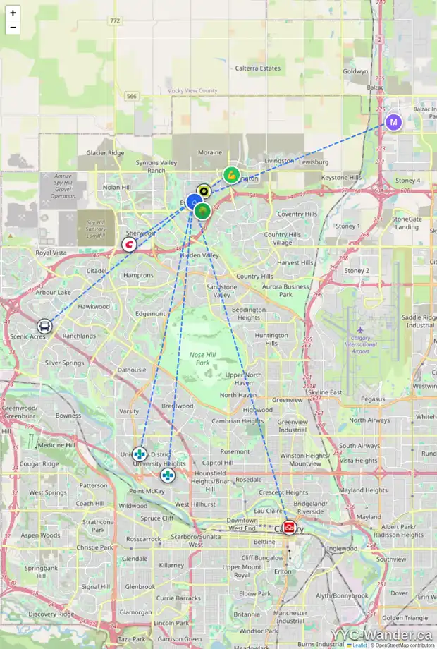 Daily accessibility map for 1804 EVANSTON SQ NW, Calgary showing nearby schools, grocery stores, parks, LRT stations and nearby amenities